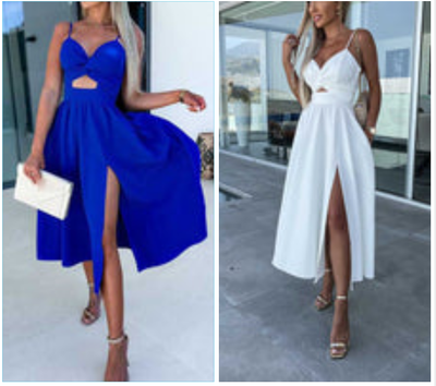 Vanette - Elegante Vestito Midi con Spalline e Spacco Frontale