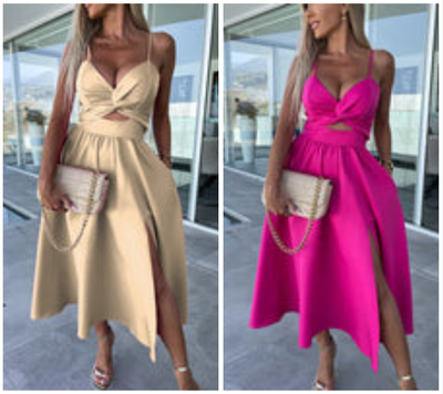 Vanette - Elegante Abito Midi con Spalline e Spacco Frontale