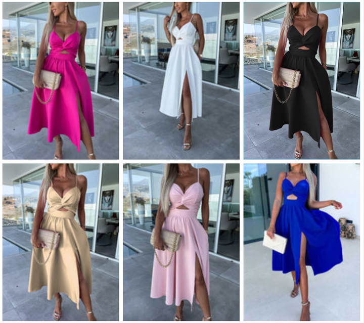 Vanette - Elegante Abito Midi con Spalline e Spacco Frontale