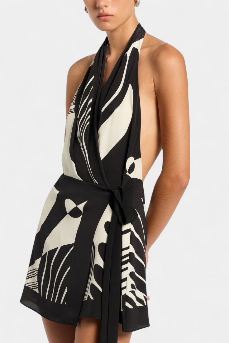 Vestito Corto Halter Fae con Stampa Astratta e Cintura