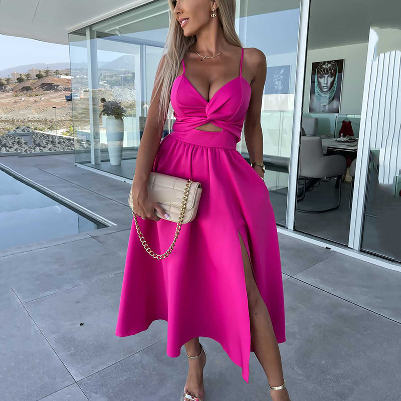 Vanette - Elegante Abito Midi con Spalline e Spacco Frontale