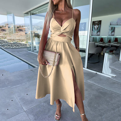 Vanette - Elegante Abito Midi con Spalline e Spacco Frontale