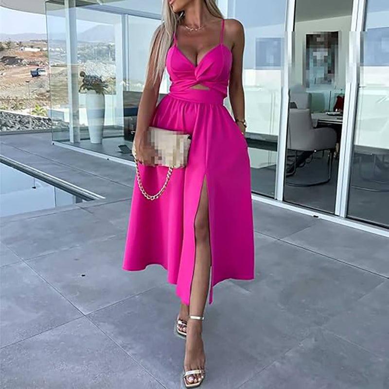 Vanette - Elegante Vestito Midi con Spalline e Spacco Frontale