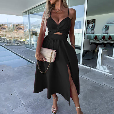 Vanette - Elegante Abito Midi con Spalline e Spacco Frontale
